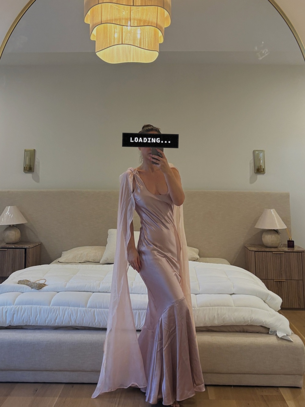 Lulu's Blush Satin Slip Gown with Draped Cape